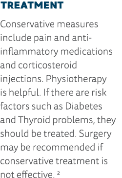 Treatment Conservative measures include pain and anti- inflammatory medications and corticosteroid injections  Physio   