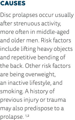 Causes Disc prolapses occur usually after strenuous activity, more often in middle-aged and older men  Risk factors i   