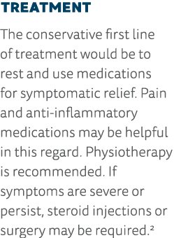 Treatment The conservative first line of treatment would be to rest and use medications for symptomatic relief  Pain    