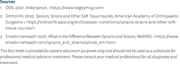 Sources 1  ODG 2021, Ankle sprain,  https:  www odgbymcg com  2  OrthoInfo 2020, Sprains, Strains and Other Soft Tiss   