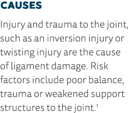 Causes Injury and trauma to the joint, such as an inversion injury or twisting injury are the cause of ligament damag   