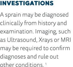 Investigations A sprain may be diagnosed clinically from history and examination  Imaging, such as Ultrasound, Xrays    