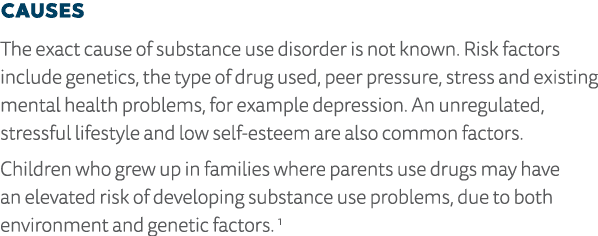 Causes The exact cause of substance use disorder is not known  Risk factors include genetics, the type of drug used,    